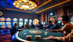 Players bet at a luxurious poker table within the S8 casino, surrounded by vibrant slot machines.