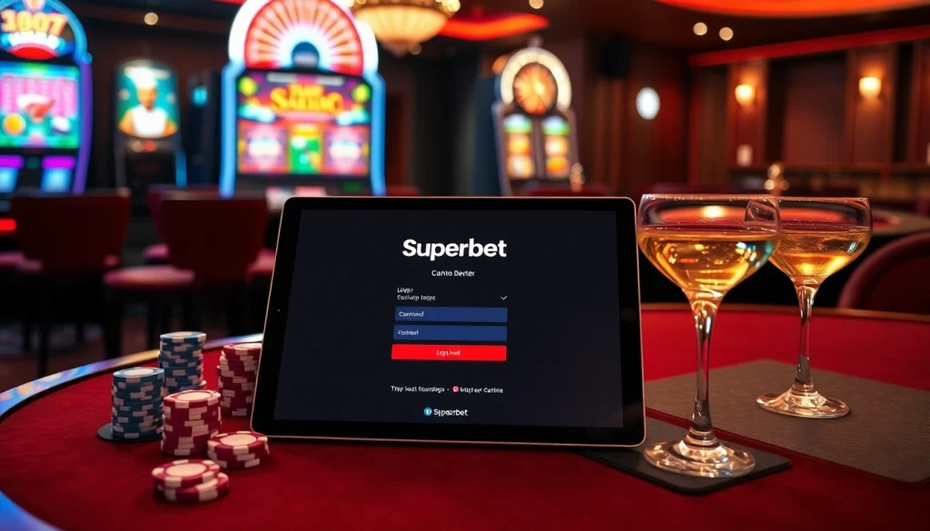 Engage with the Superbet Login interface in a luxurious casino setting filled with excitement.