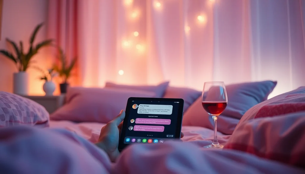 AI sexting virtual chat in a cozy, intimate setting with digital devices and soft lighting.