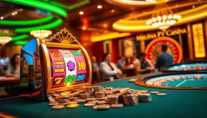 Playing nổ hủ 90 on a vibrant slot machine in a luxurious casino setting.