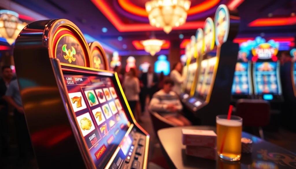 Menggambarkan situs deposit 1000 yang menarik perhatian dengan mesin slot yang penuh warna dan energi.