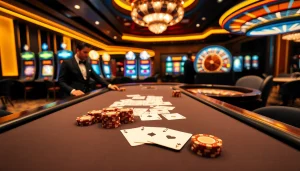 THABET casino scene with poker table and vibrant slot machines