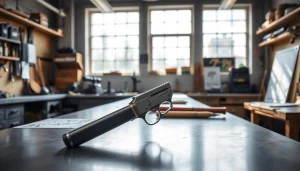 Showcasing the Alamo 15 trigger with intricate designs in a well-lit workshop setting.