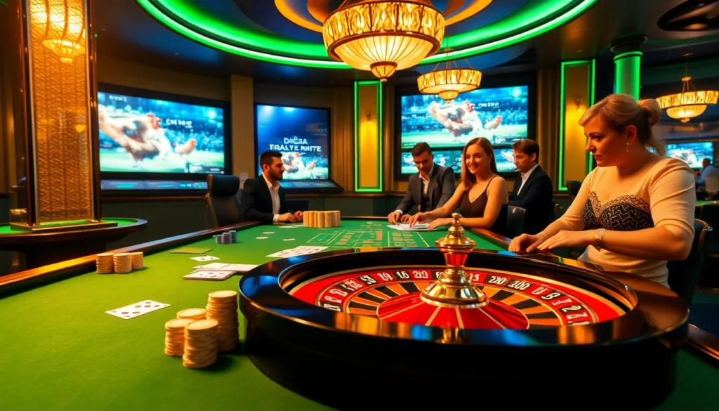 DAGA betting table in a luxurious casino, lively poker chips and screens displaying live matches.