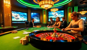 DAGA betting table in a luxurious casino, lively poker chips and screens displaying live matches.