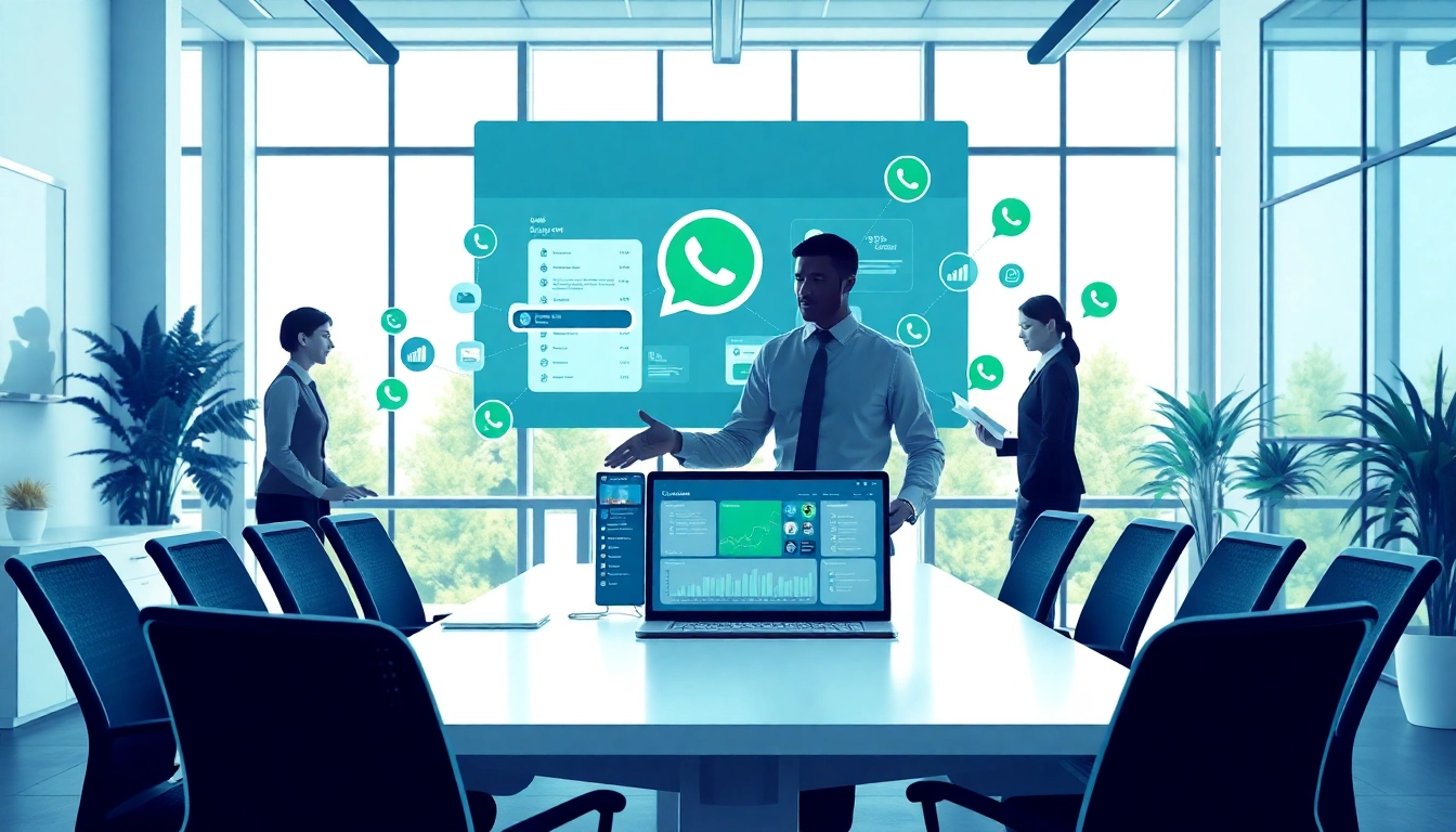 Engage effectively with WhatsApp Smart CRM in a dynamic office setting featuring a user-friendly digital interface.