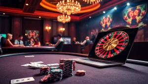 Players enjoying a vibrant casino experience at https://54bett.com.br, with poker chips and roulette wheels in action.