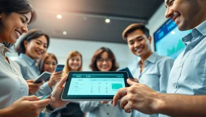 다양한 전문가 그룹이 디지털 기기로 상품권신용카드를 구매하는 모습을 담은 몰입감 있는 장면.