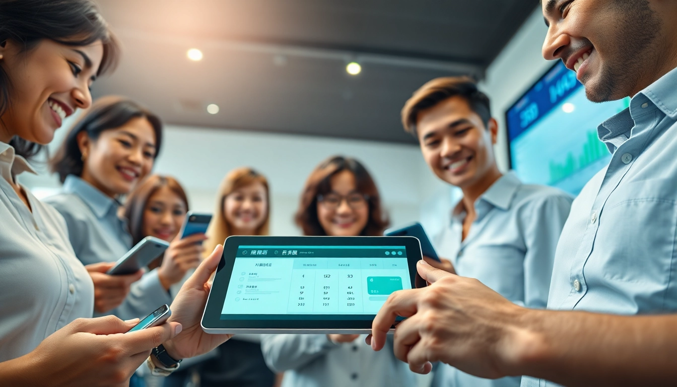 다양한 전문가 그룹이 디지털 기기로 상품권신용카드를 구매하는 모습을 담은 몰입감 있는 장면.