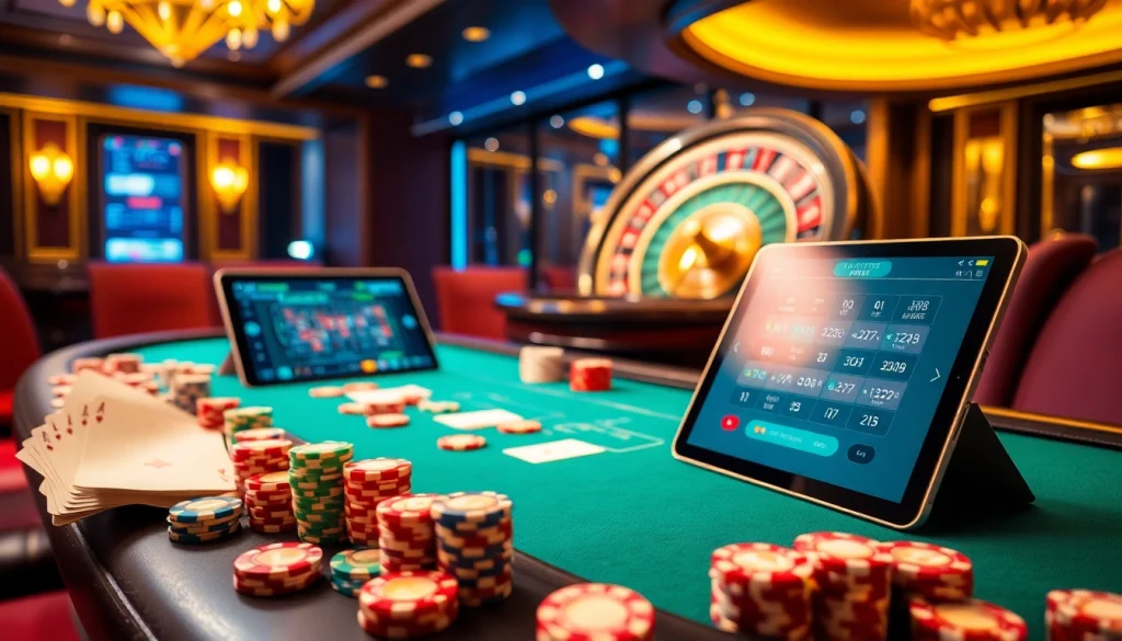 Engaging players at MM88's vibrant casino tables with poker chips and cards.