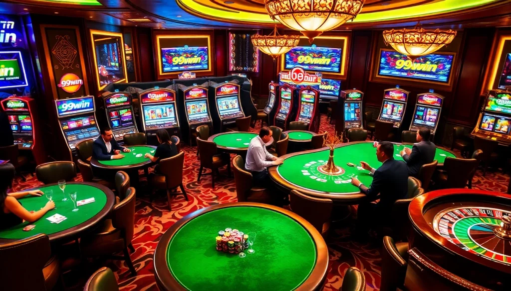 Exciting gaming scene at 99win casino featuring poker tables, vibrant slots, and luxurious decor.