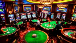 Exciting gaming scene at 99win casino featuring poker tables, vibrant slots, and luxurious decor.