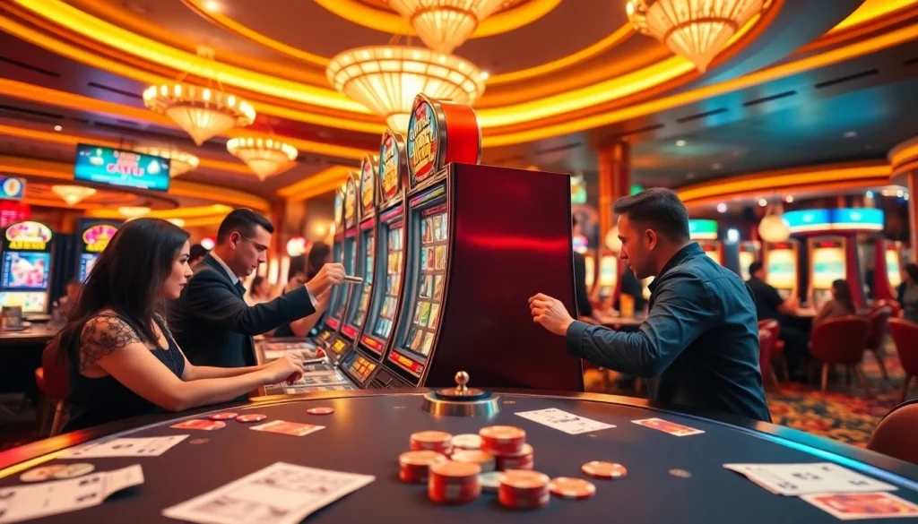 Experience the thrill of slot kamboja bet 100 at a vibrant casino with players engaging at a colorful slot machine.