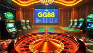 Experience the thrilling world of online gambling at GG88 with vibrant casino visuals featuring roulette and slot machines.