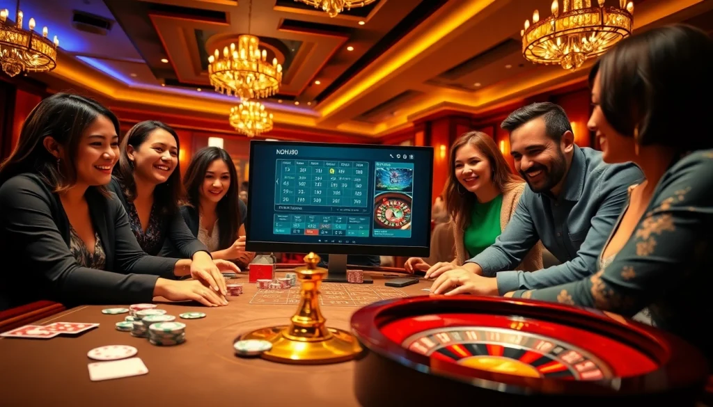 Nohu90 online casino vibrant scene with players around the table, chips and cards engaged in thrilling gameplay.