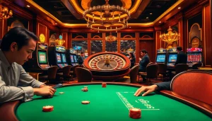 Experience thrilling online gaming at https://mm88.press/ with a vivid casino scene showcasing poker and roulette.