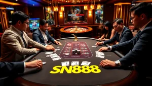 Engaged players at the SN888 poker table showcasing strategy and excitement in a vibrant casino environment.