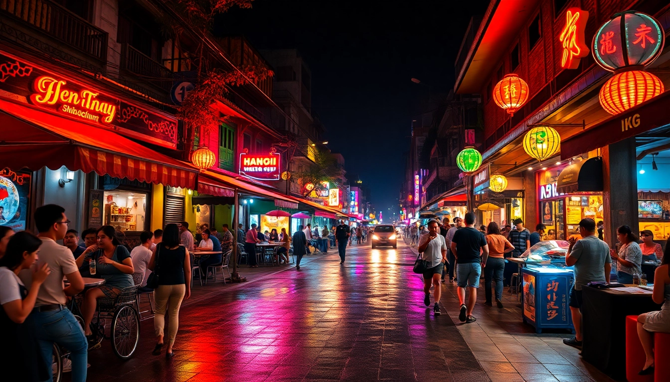 Explore 하노이밤문화 through a lively nightlife scene with vibrant neon lights and diverse crowds.
