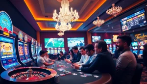 Exciting casino scene at xx88 with players at poker tables and vibrant slot machines.