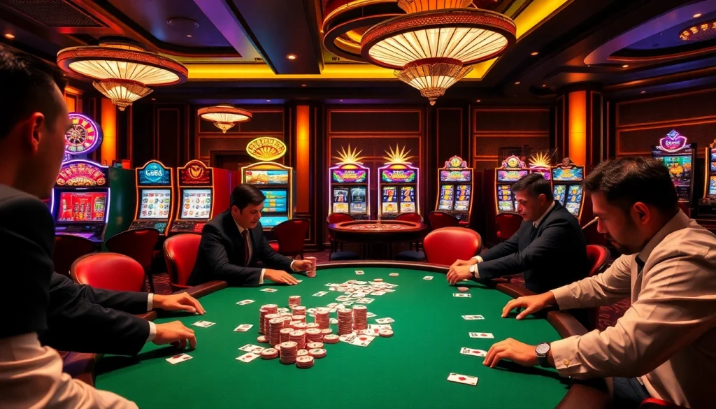 Players strategizing in a high-stakes poker game at GG88 casino with vibrant slot machines in background.