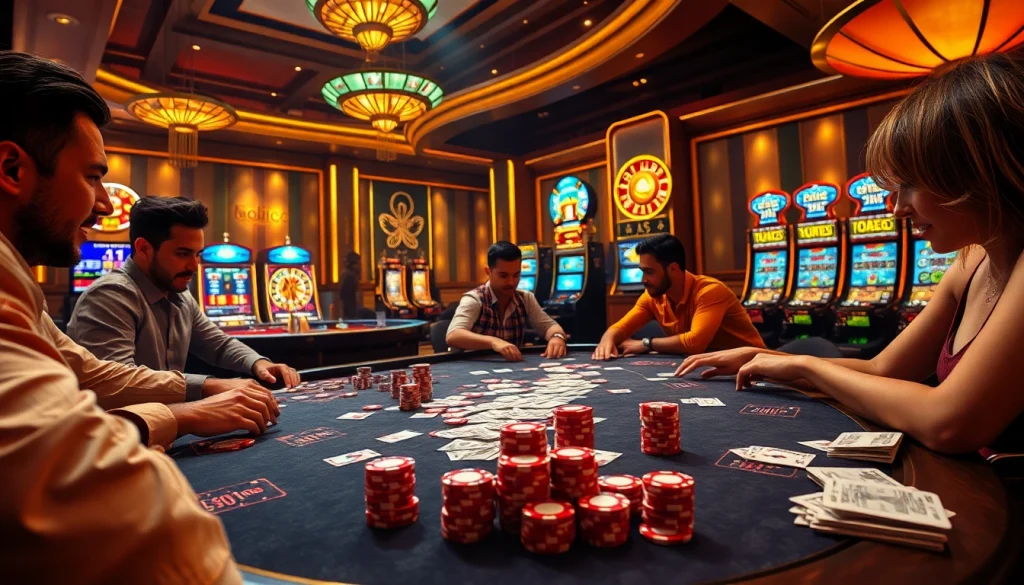 Exciting poker game scene at 99OK casino with vibrant chips, cards, and cash.
