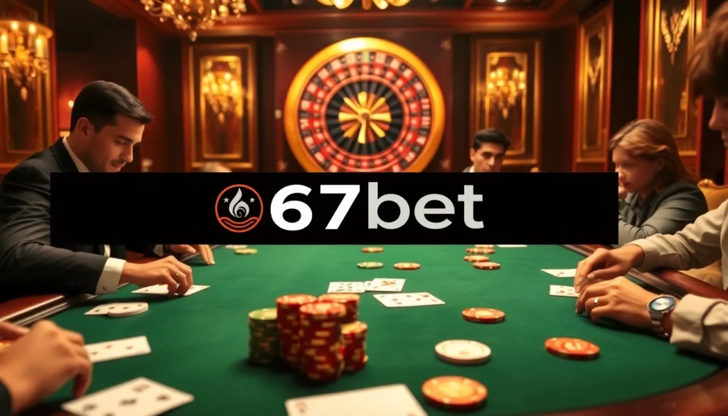 Players strategizing at a 67bet poker table with colorful chips and cards.