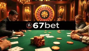 Players strategizing at a 67bet poker table with colorful chips and cards.