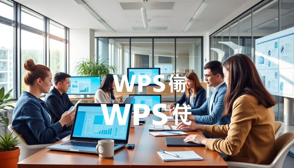 Efficient professionals using WPS软件下载 in a modern office for productivity.