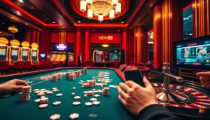 Players engaging in thrilling poker action at NEW88, surrounded by vibrant casino excitement.