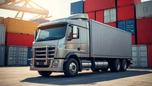 Drayage truck transporting shipping containers in a busy logistics port environment.