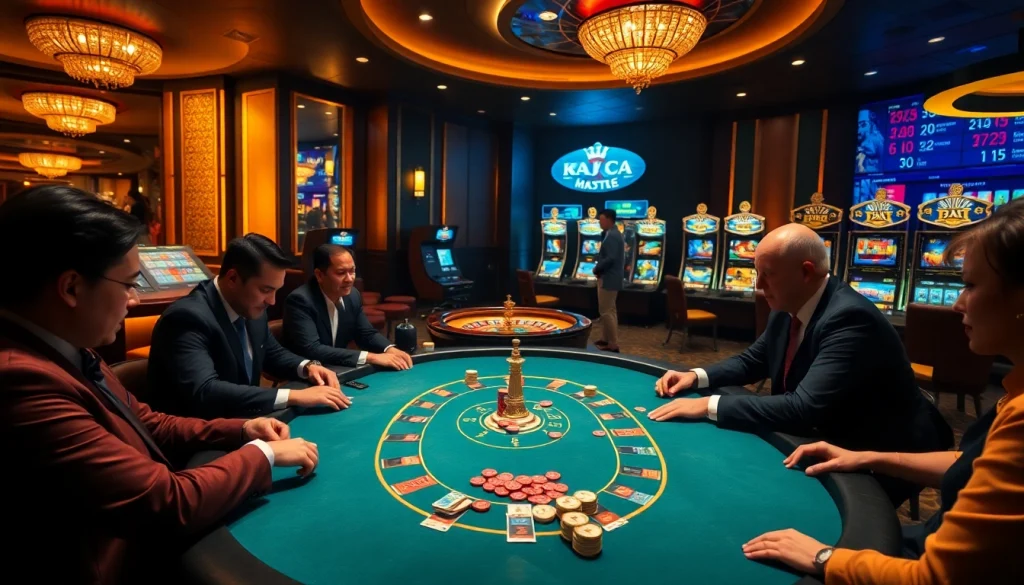 Players enjoy an engaging poker game at KJ C's luxurious casino table.