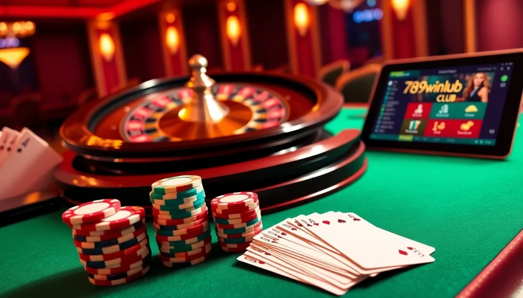 Exciting gambling scene highlighting the 789win club with poker chips and roulette.