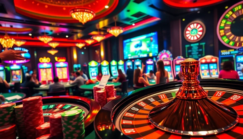 Enjoy thrilling gameplay at rr88 com with vibrant casino visuals featuring roulette, poker chips, and slot machines.