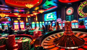 Enjoy thrilling gameplay at rr88 com with vibrant casino visuals featuring roulette, poker chips, and slot machines.