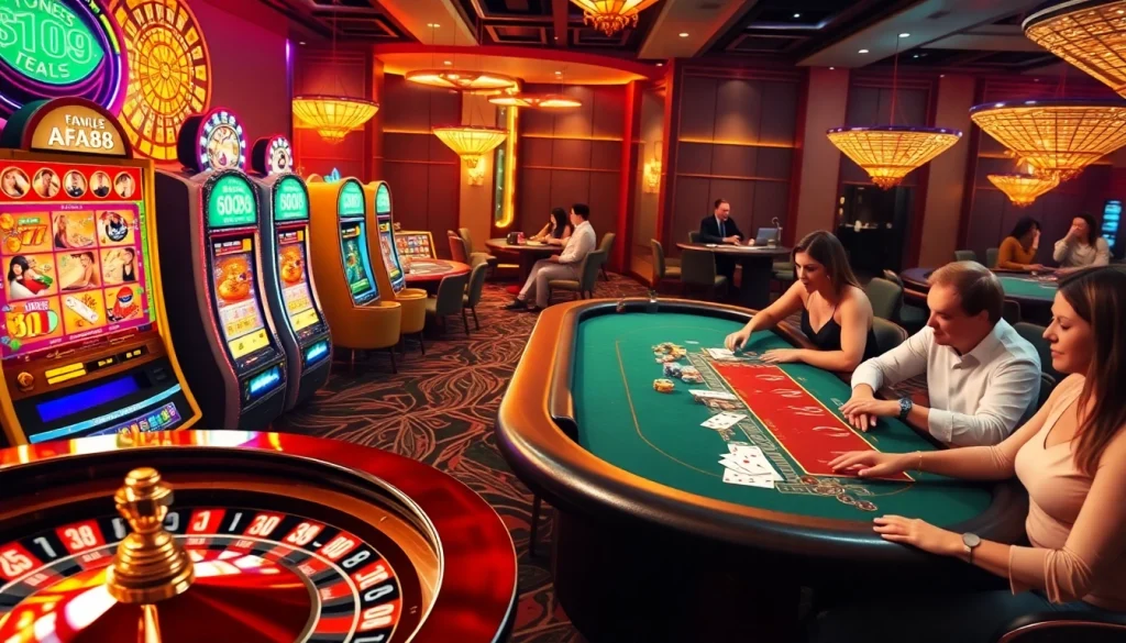 AF88 casino scene with players enjoying games at vibrant slot machines and roulette tables.