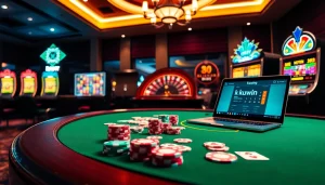 Kuwin players enjoying a live poker game at a stunning online casino, showcasing excitement and vibrant gambling elements.