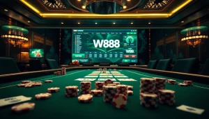 A professional gambling scene focusing on the W88 link, featuring casino tables and poker chips.