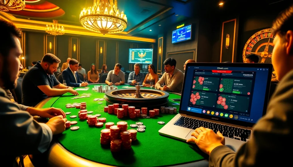 Engage with the thrilling experience of okwin.com at an elegant casino poker table filled with vibrant chips and cards.