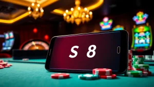 Gambling enthusiasts playing on S8 mobile casino with vibrant poker chips.