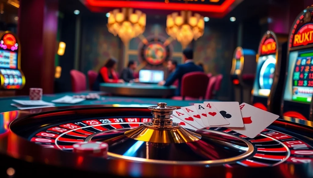 Feeling lucky at luck8 with a vibrant casino scene featuring roulette and poker.