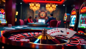 Feeling lucky at luck8 with a vibrant casino scene featuring roulette and poker.