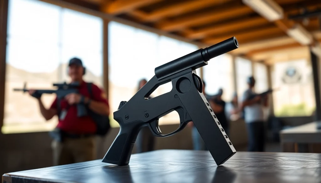 Focus on an Alamo 15 trigger showcasing its precision and design in a shooting range setting.