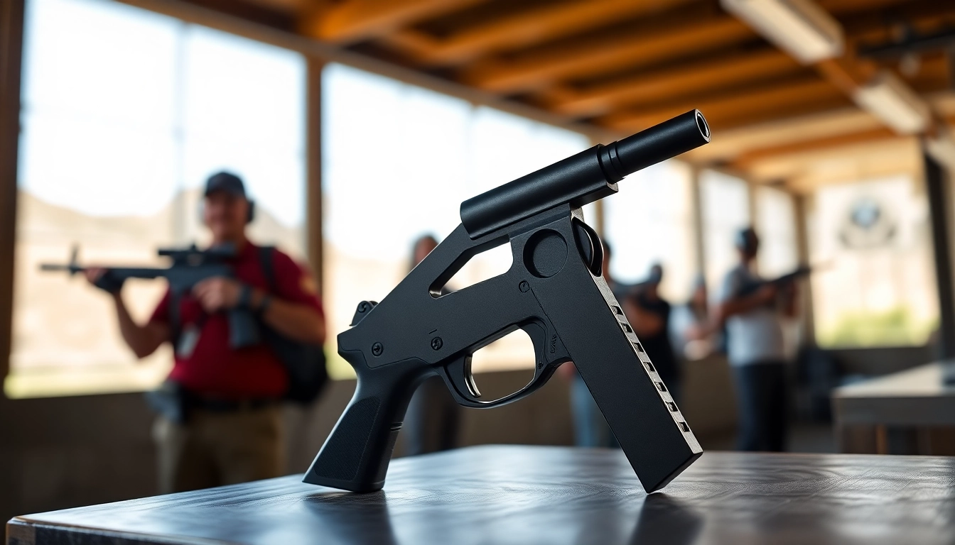 Focus on an Alamo 15 trigger showcasing its precision and design in a shooting range setting.
