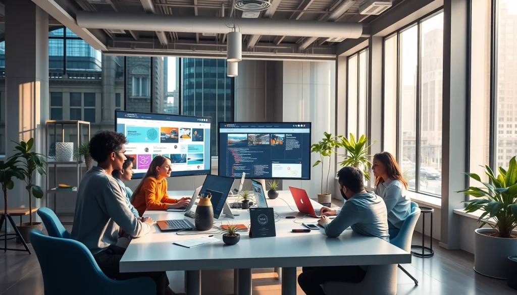 Professional team collaborating on a unique web design project showcasing thiết kế website theo yêu cầu.