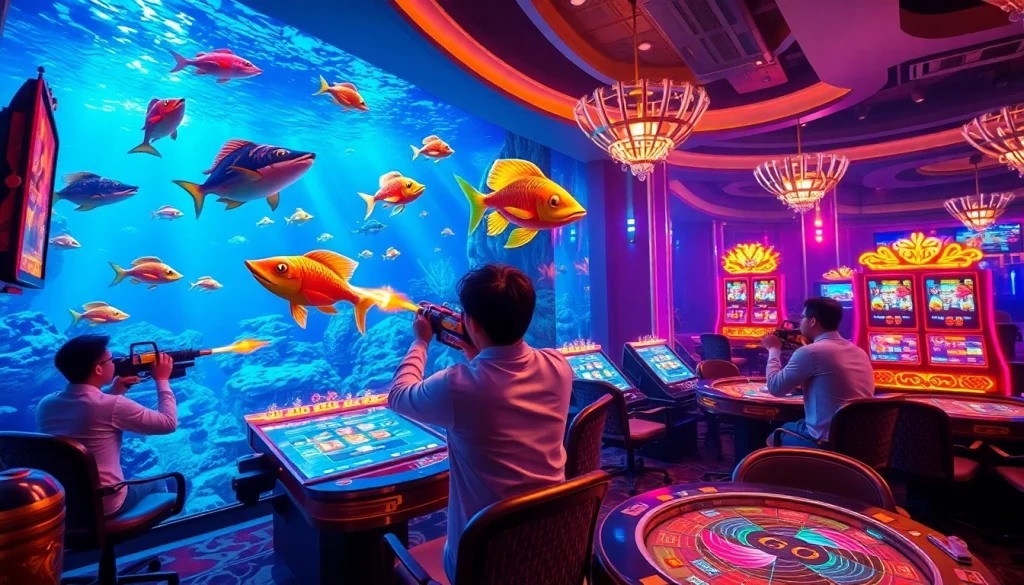 Bắn cá đổi thưởng action as players target colorful fish in an underwater casino setting, capturing the excitement of online gaming.