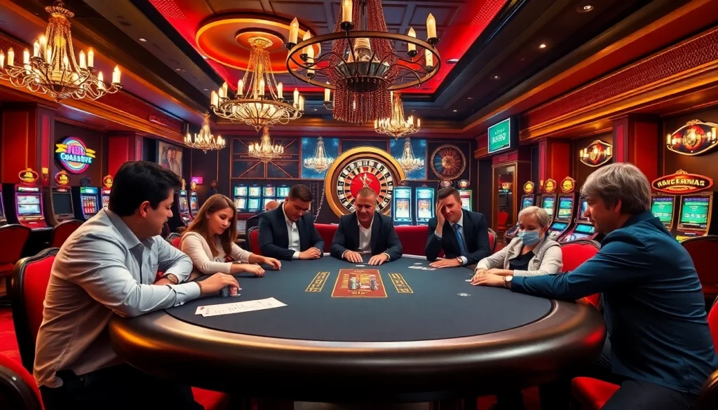 KJC players strategizing at a high-stakes poker table in a luxurious casino environment.