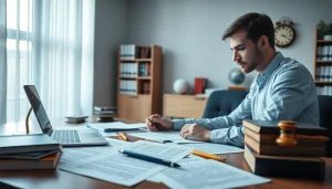 Soudní překladatel engaged in legal document translation in a professional office setting.