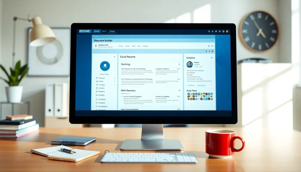 Engaging resume builder displayed on a computer within a professional workspace.
