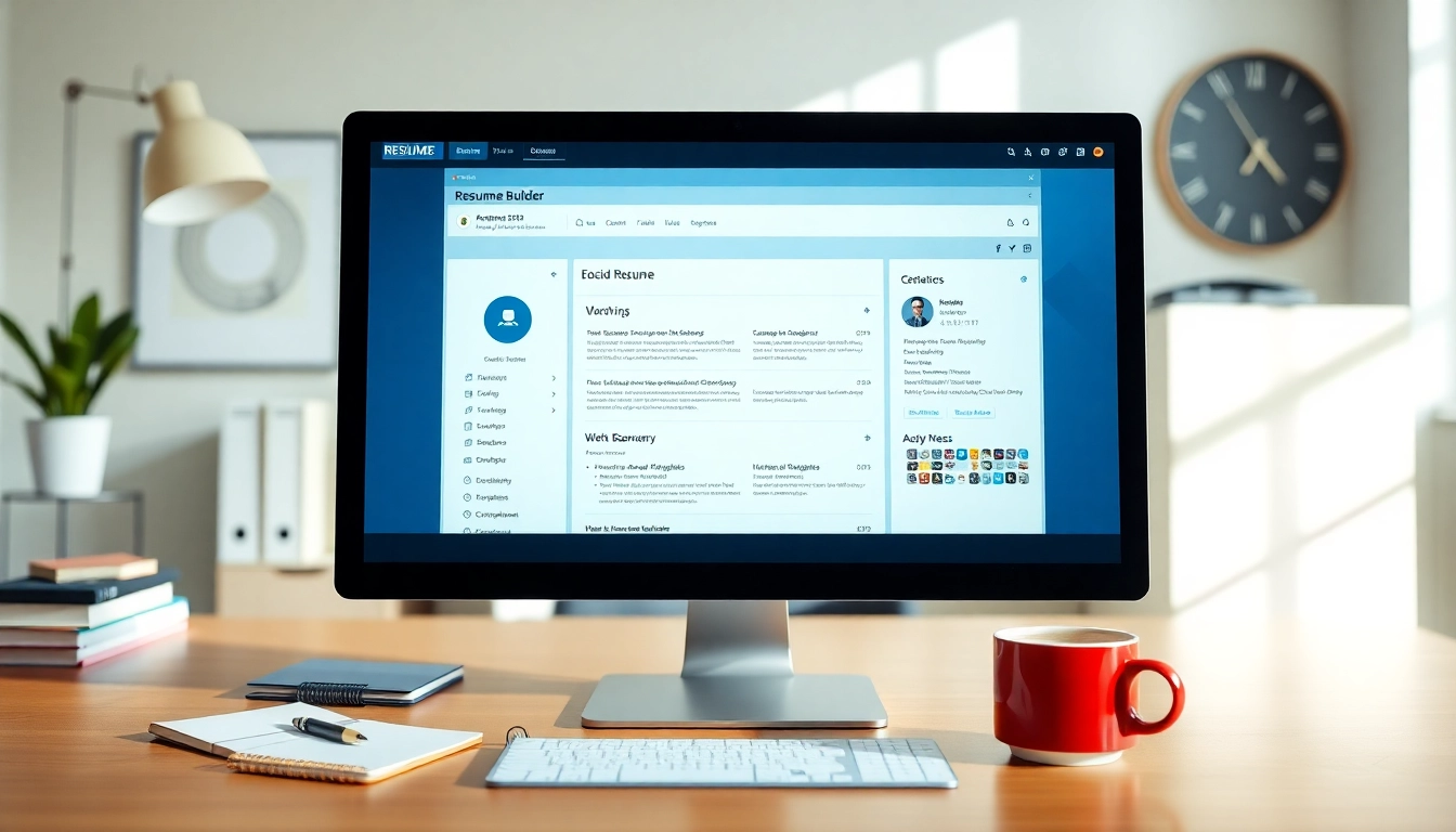 Engaging resume builder displayed on a computer within a professional workspace.