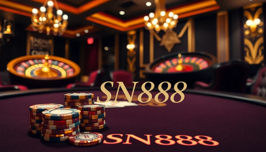 Experience high-stakes poker excitement at SN888, featuring chips and cards in a lavish setting.